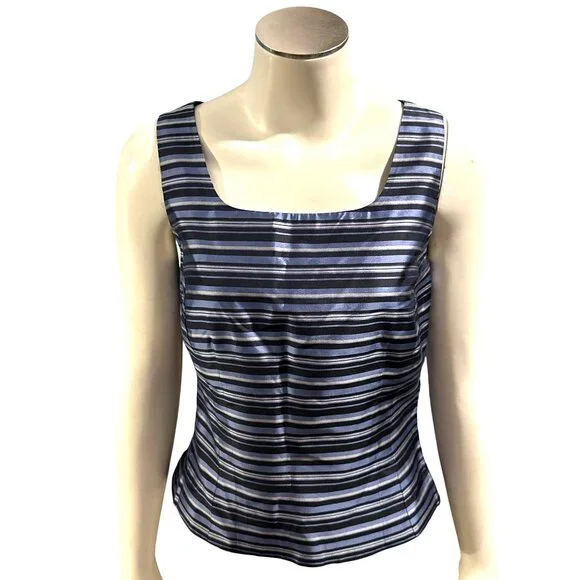Ann Taylor Petites 2P Navy Blue Striped Silk Sleeveless Blouse Vintage Evening - Picture 2 of 14